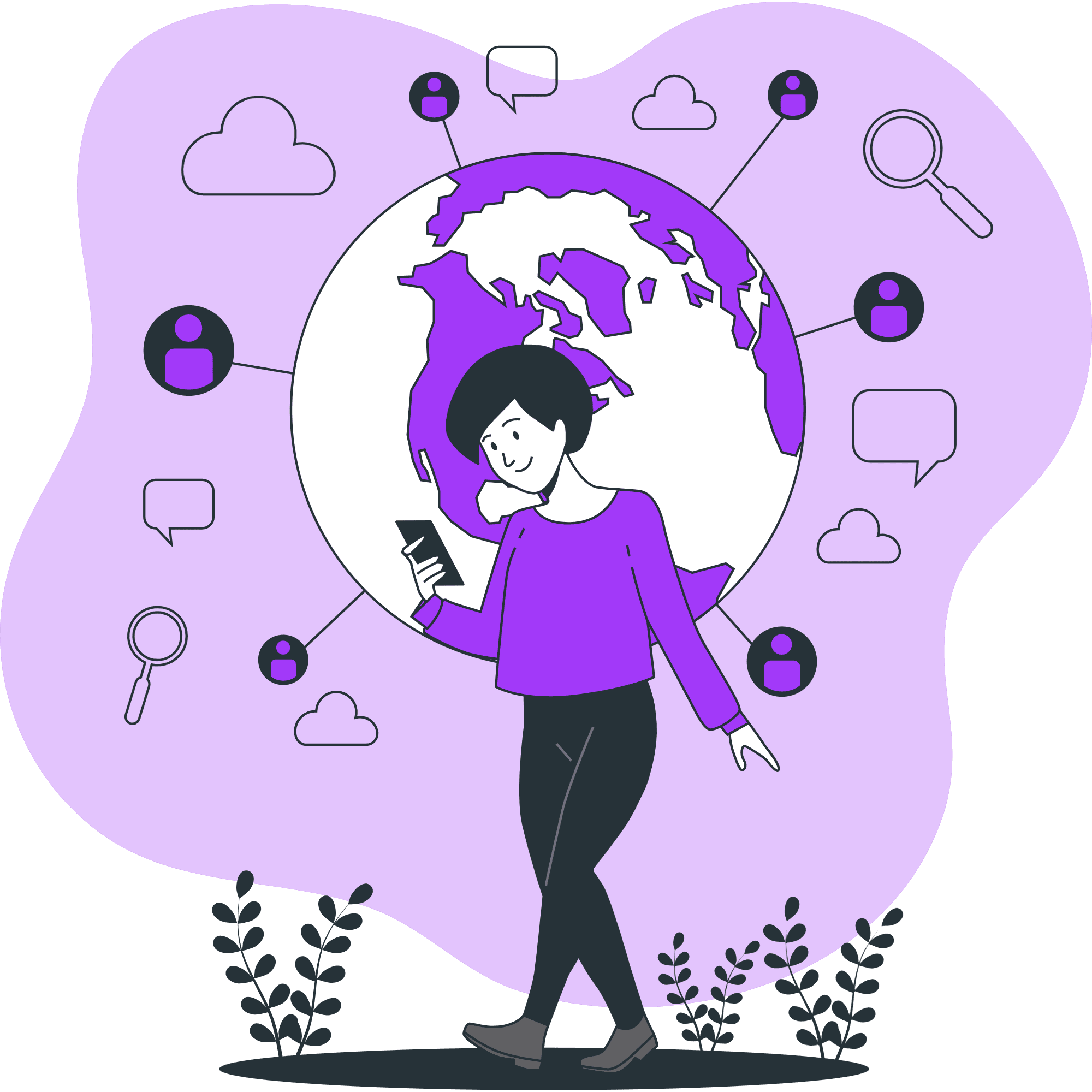 A diverse individual using a smartphone, surrounded by icons of global communication and search, representing versatility, creativity, and mastery in multiple skills.