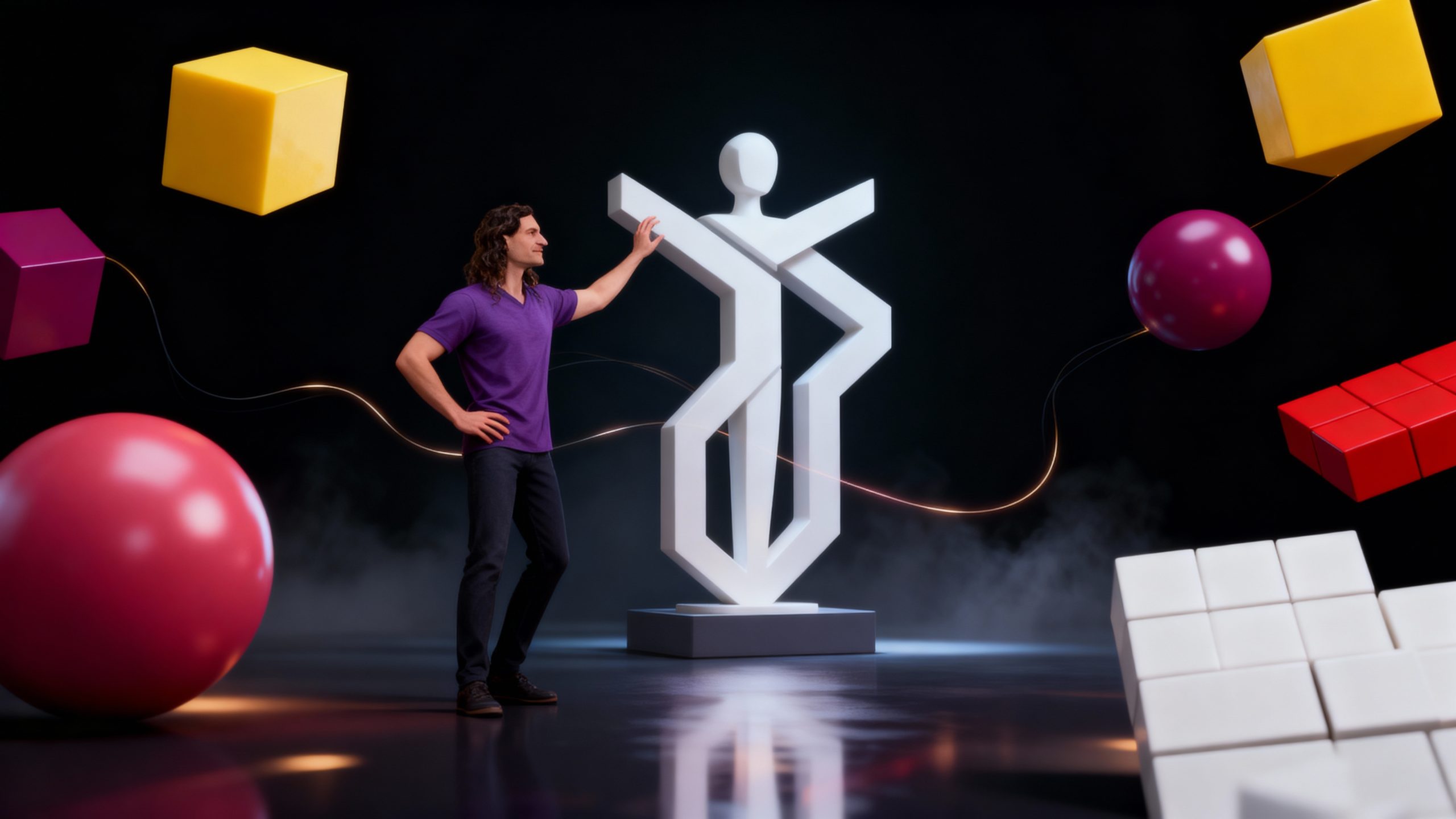 A person stands next to a large white geometric sculpture in a dark, futuristic setting with floating colorful cubes and spheres, symbolizing innovation and creativity at Mind of All Trades.
