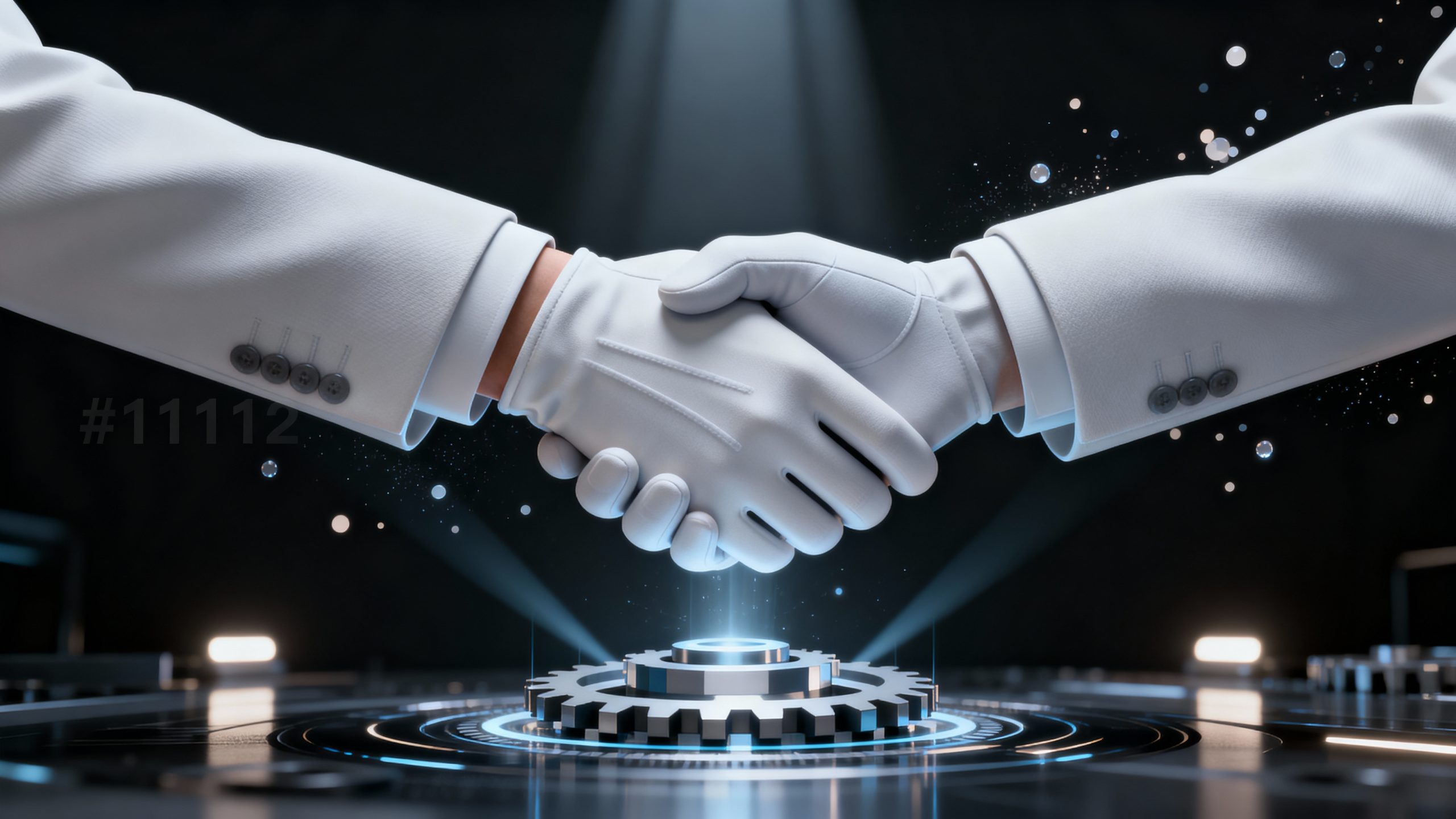 Handshake between two people wearing white suits with high-tech digital effects, symbolizing collaboration and innovation in technology and business.