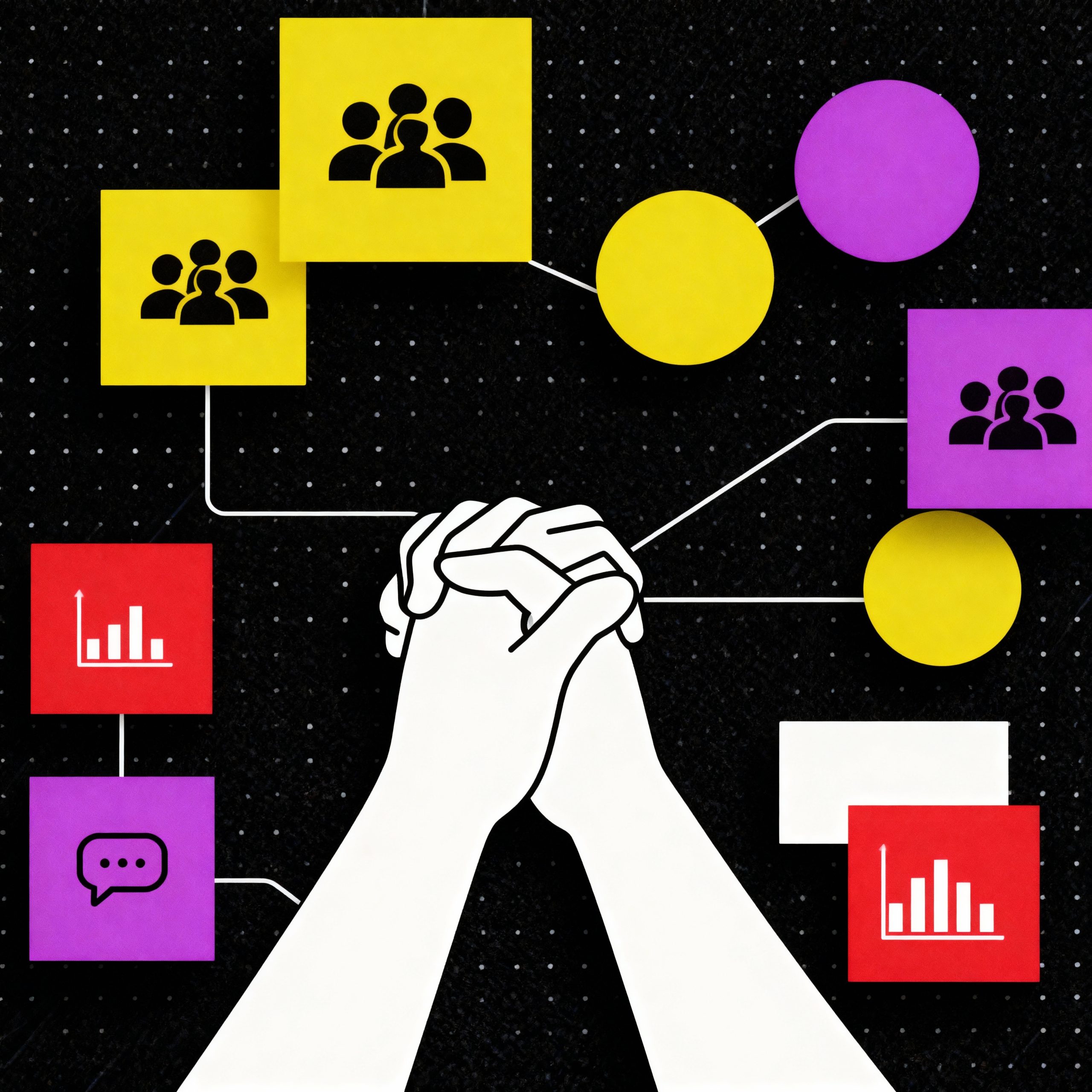 Hand-drawn illustration of hands clasped together over a digital background with social icons and data graphics emphasizing teamwork and communication.