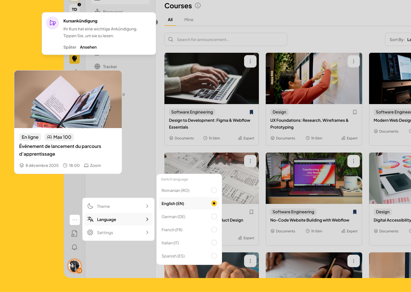 Screenshot of an online learning platform showcasing courses in software engineering, design, and web development with a focus on digital skills training.