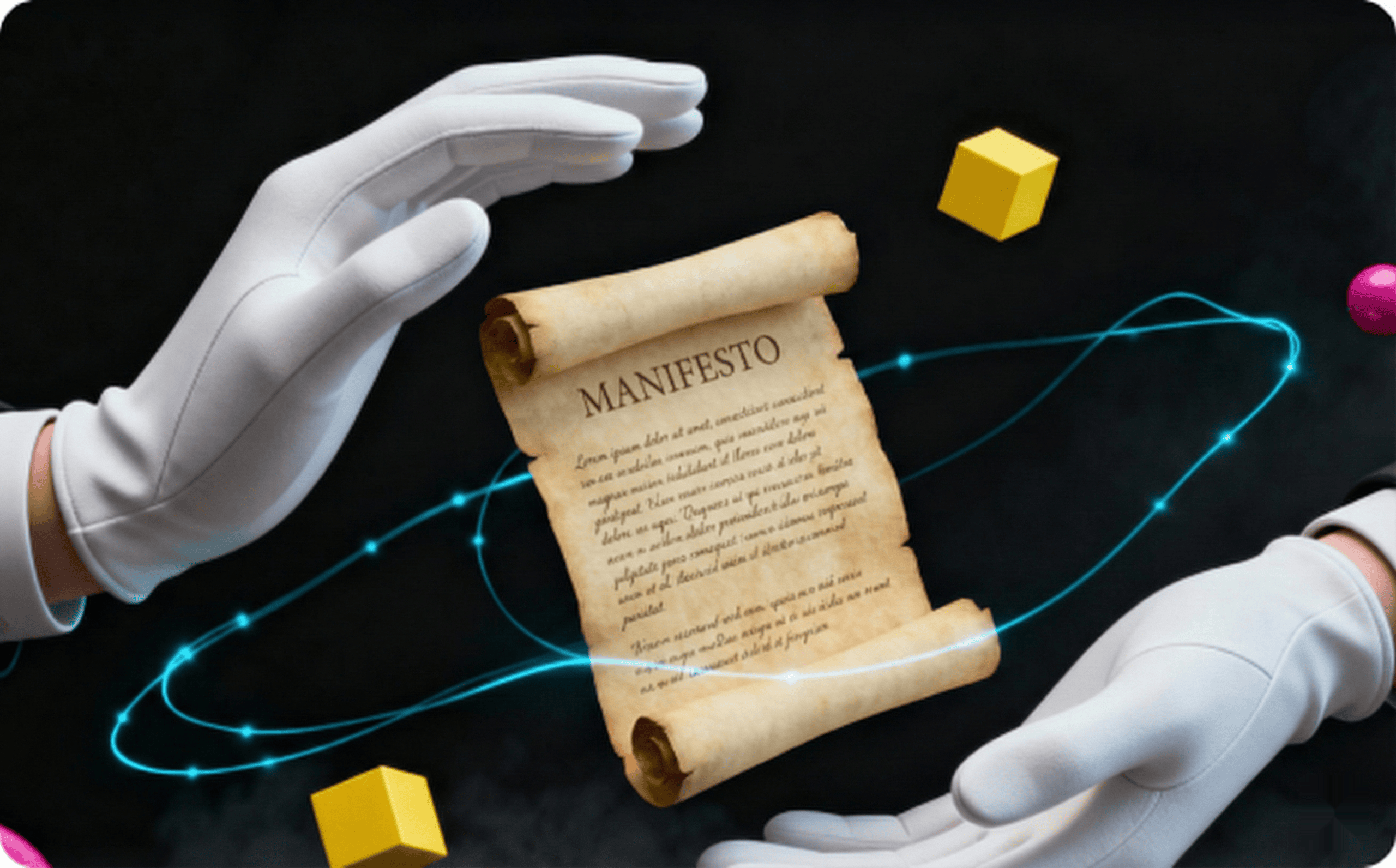 Two Hands Holding a Manifesto Scroll - Gemini A digital illustration featuring a brain, graduation cap, and electronic devices representing knowledge, learning, and technology in education and self-development.
