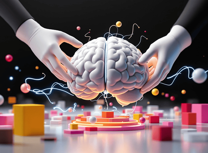 Hand wearing white gloves holding 3D brain Innovative digital art of a human brain with neural connections, surrounded by colorful geometric shapes, representing creativity, intelligence, and diverse skills.