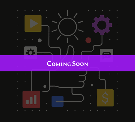 Home-video-cover-1 Coming Soon placeholder image with a dark background, featuring interconnected icons representing creativity, technology, and innovation, with a purple "Coming Soon" banner.