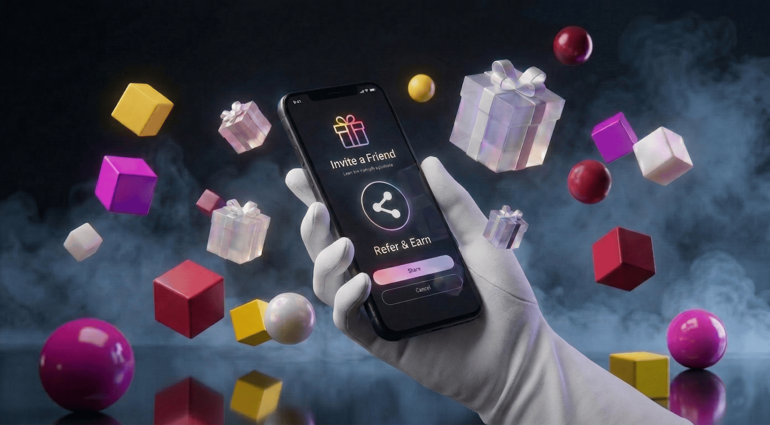 Smartphone displaying a "Write a Friend" app with options to connect, share, and earn, surrounded by colorful gift boxes and spheres, symbolizing social interaction and rewards.