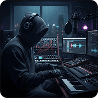 Music editing room High-quality image of a music producer wearing a hoodie and headphones working with electronic music equipment in a modern studio setting.