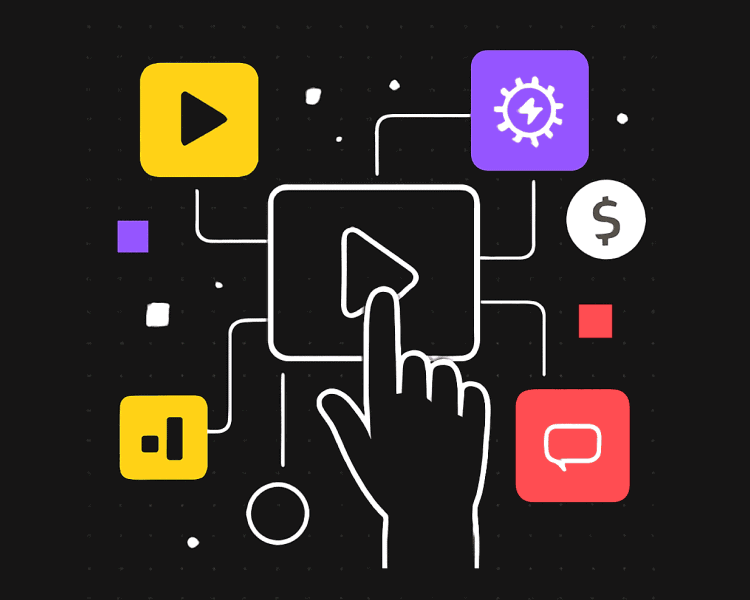 Mind of All Trades - Digital Content & Media Icons Illustration of a hand clicking a central play button surrounded by icons representing video, settings, dollar sign, and chat, symbolizing multimedia content creation and digital services.