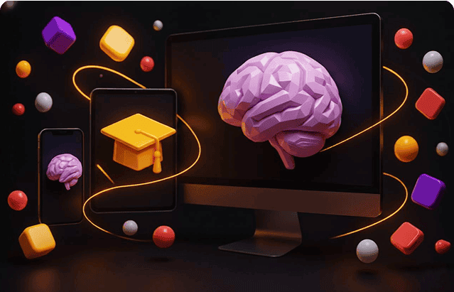 Mind of All Trades - Brain & Tech Concept Digital illustration of a brain connected to multiple devices, symbolizing knowledge, learning, and technology integration for educational and creative purposes.