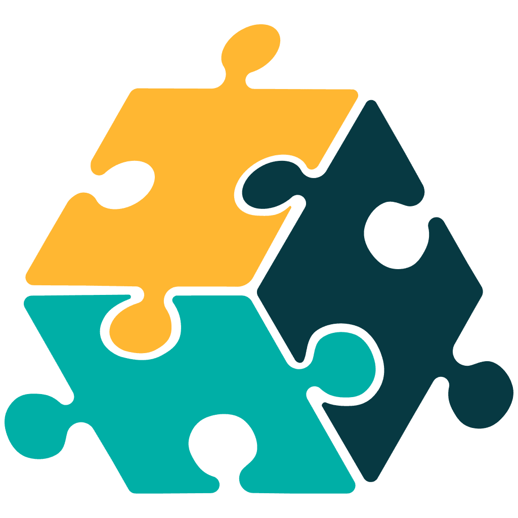 Illustration of interconnected puzzle pieces symbolizing versatility and diverse skills, representing the "Mind of All Trades" brand.